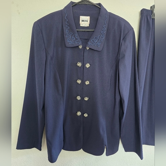 VTG Leslie Fay 2Piece Skirt Suit 16 Blue Long Sleeve Button Up Double Breasted - Picture 3 of 16